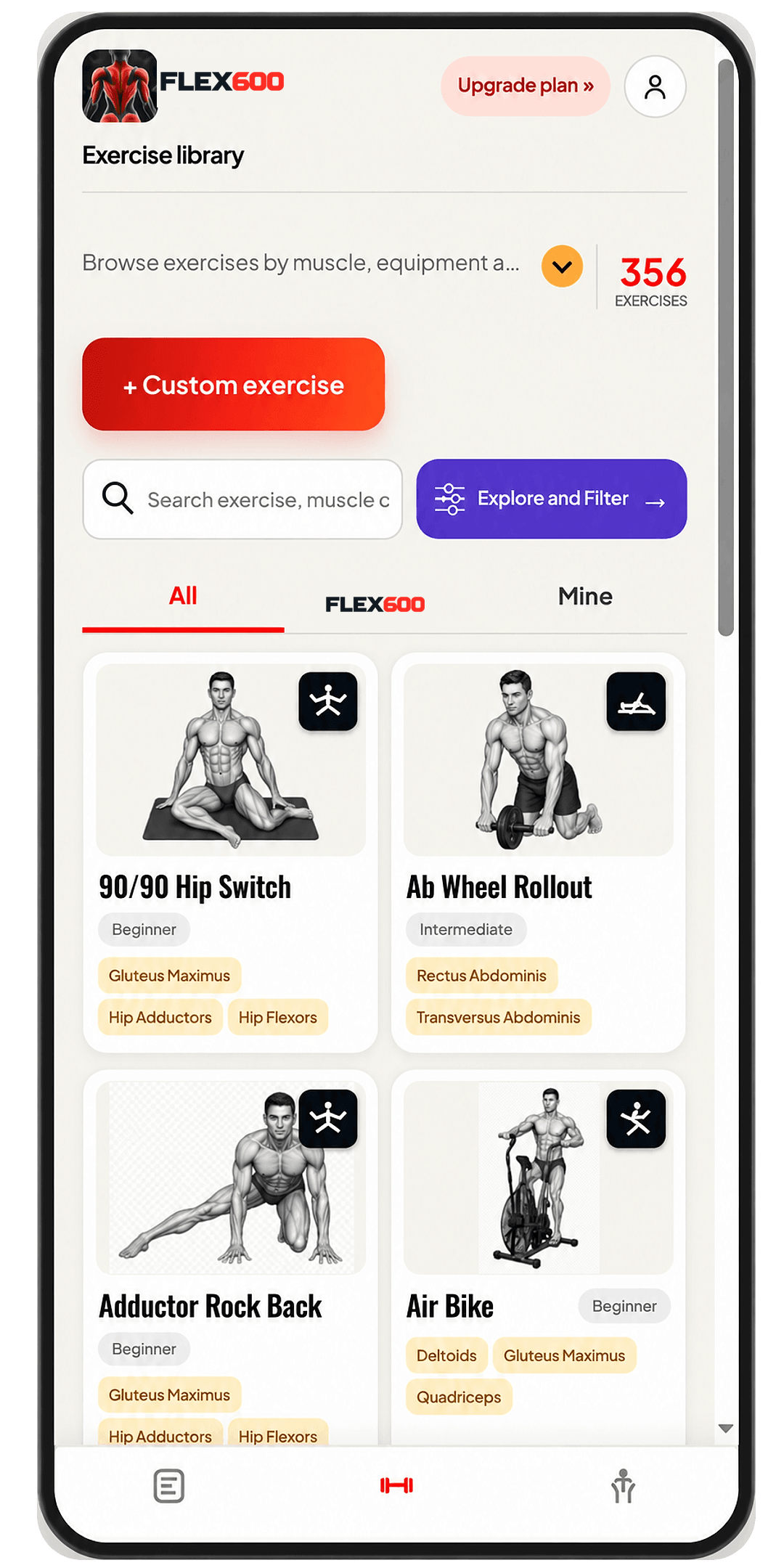 MyMyo exercise library showing exercise previews, search and muscle filters