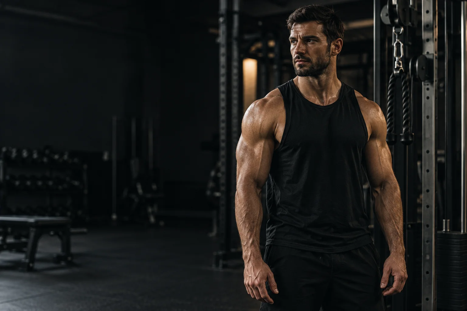 Athlete at a cable station in a dark gym